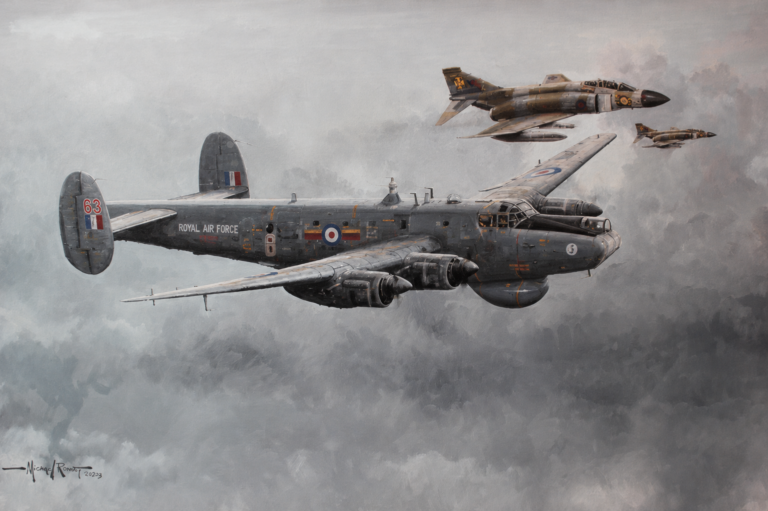 Painting of a Royal Air Force four-engine bomber in flight amid cloudy skies, with two smaller jets overhead.] , (informative alt text)