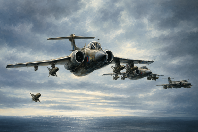 Four military jets fly in formation over the ocean beneath a cloudy sky.