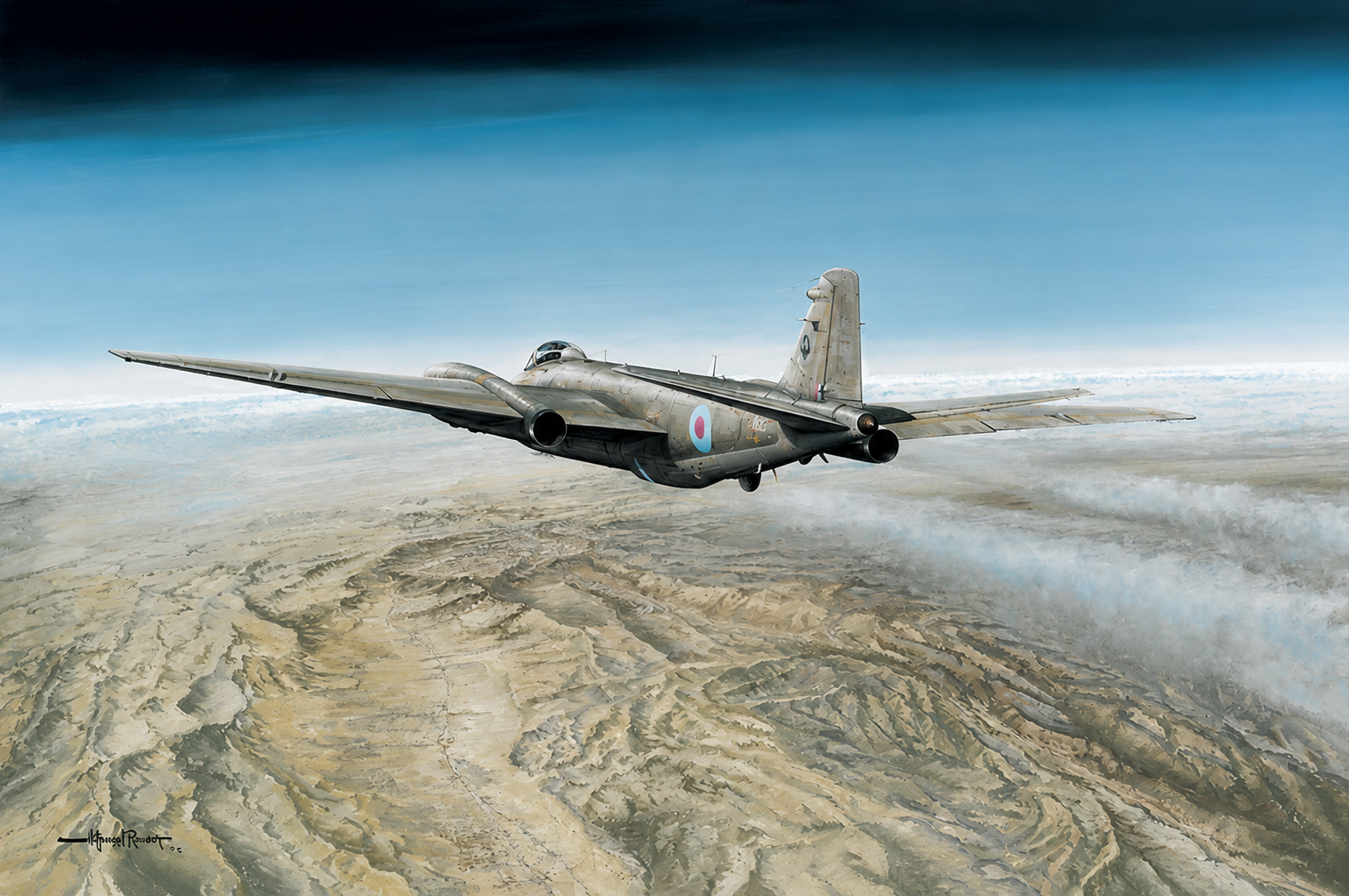 Canberra PR9 over Kabul by Michael Rondot - Jet Art Gallery RAF jet, silver with roundel, flying over a desert canyon under a blue sky.