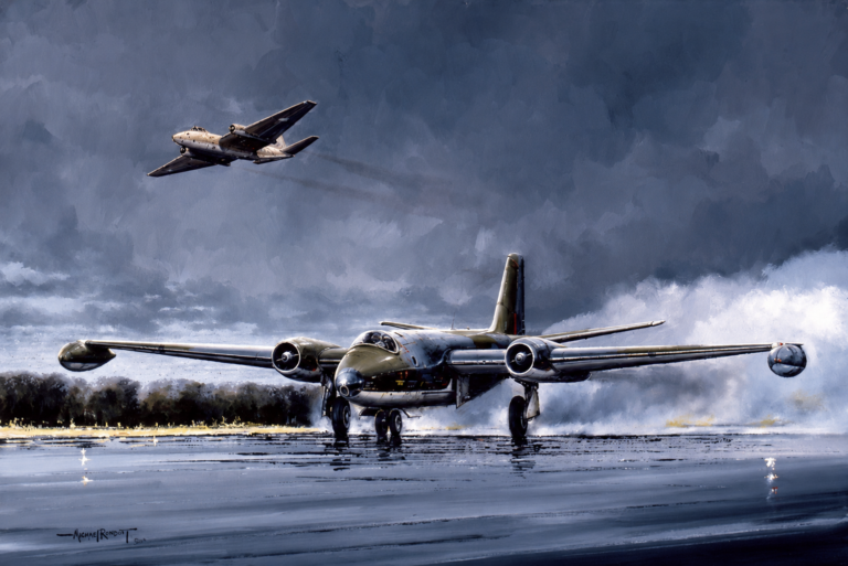WWII-era twin-engine bomber on a rain-soaked airstrip with a dark, stormy sky and a second aircraft flying overhead.