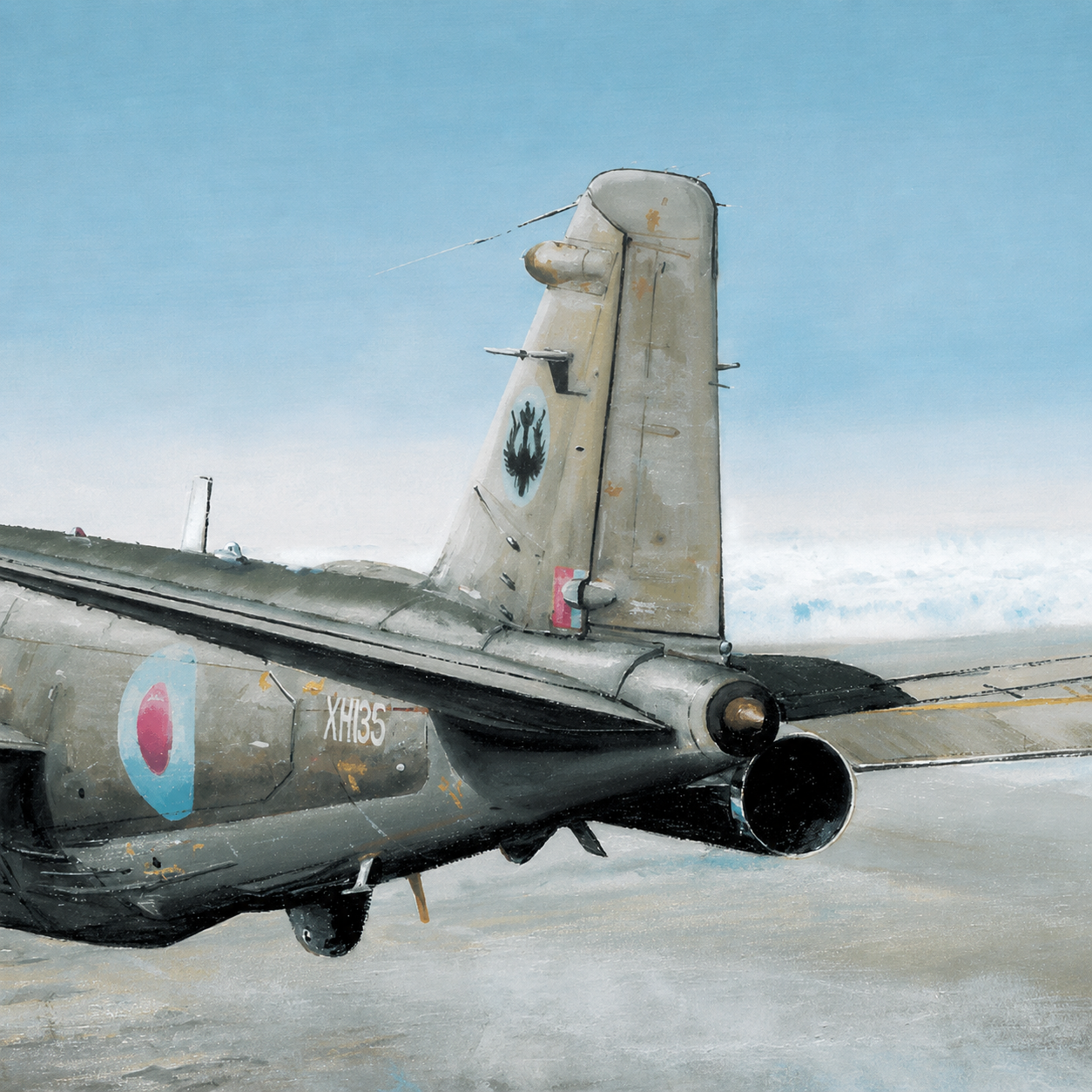 Canberra over Kabul Close Up 1 - Jet Art Gallery Rear view of a vintage military jet, tailfin marked with XH135 and a roundel on the fuselage, weathered paint under a blue sky.