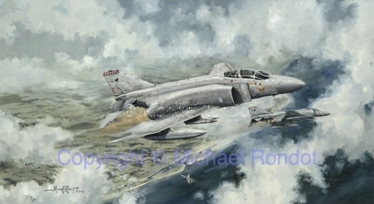 A detailed limited edition print of a McDonnell Douglas F-4 Phantom II in flight, in combat over Blakeney.