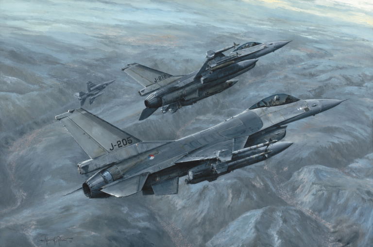 Three military fighter jets in formation over a rocky, cloud-filled sky.
