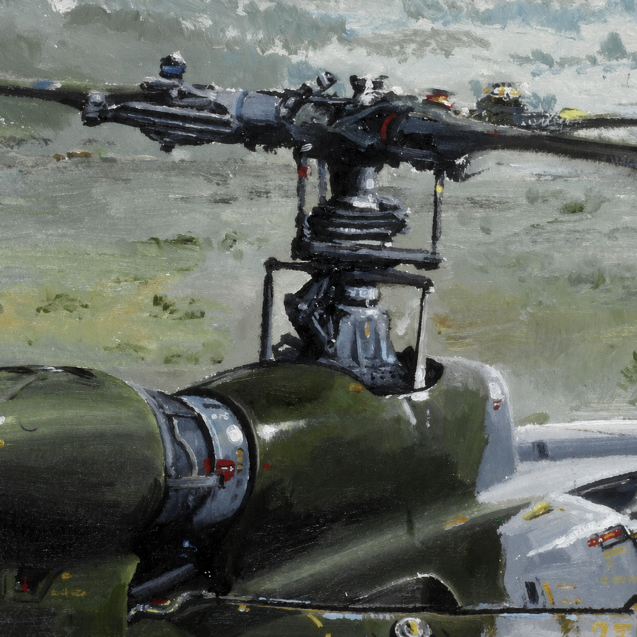 Gazelle Close Up 1 - Jet Art Gallery Close-up of a military gun turret with a long barrel extending left, mounted on a green armored vehicle in an impressionistic painting.