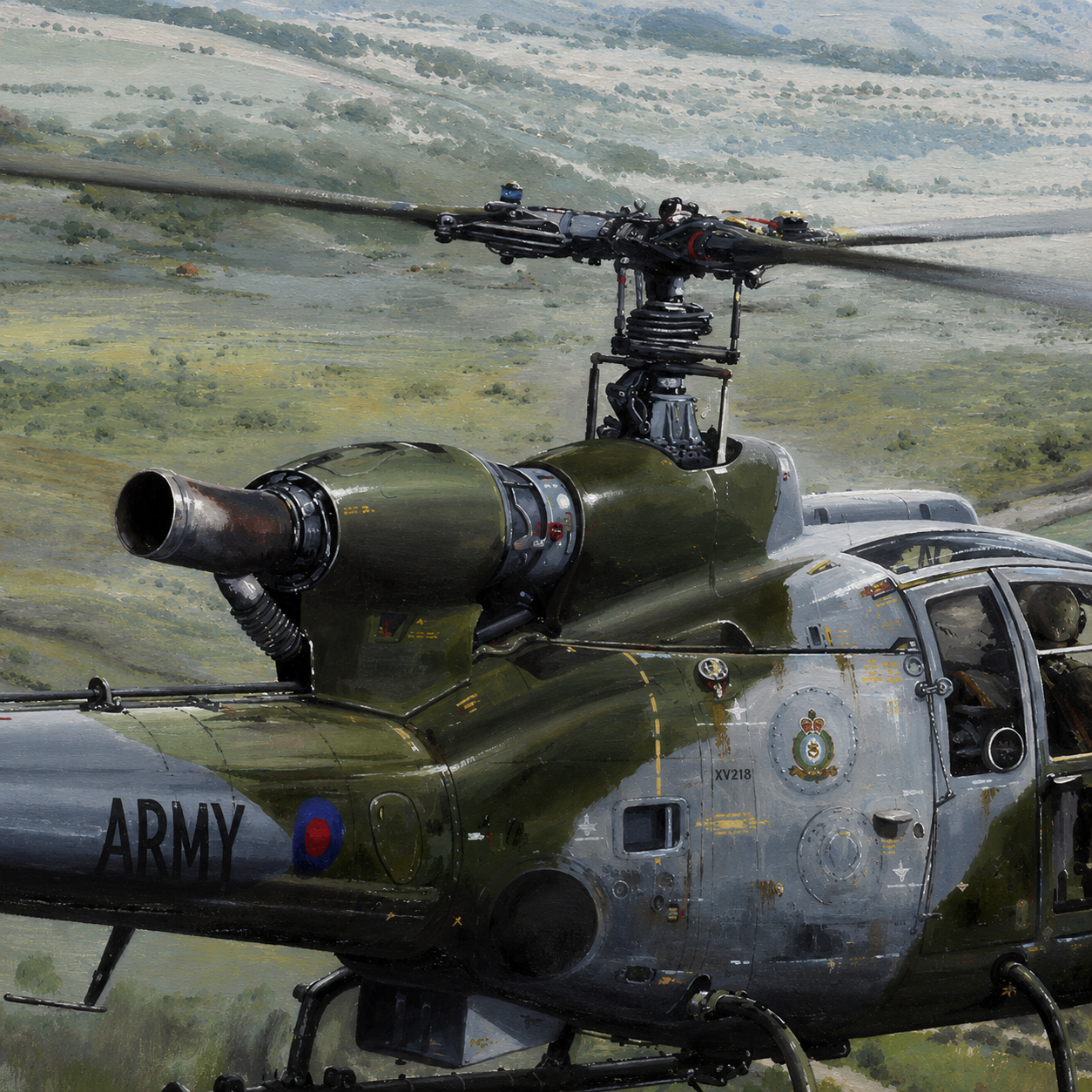 Gazelle Close Up 2 - Jet Art Gallery Close-up of a military attack helicopter in flight, olive-green fuselage with ARMY markings and insignia, rotor blades spinning over a rural landscape.