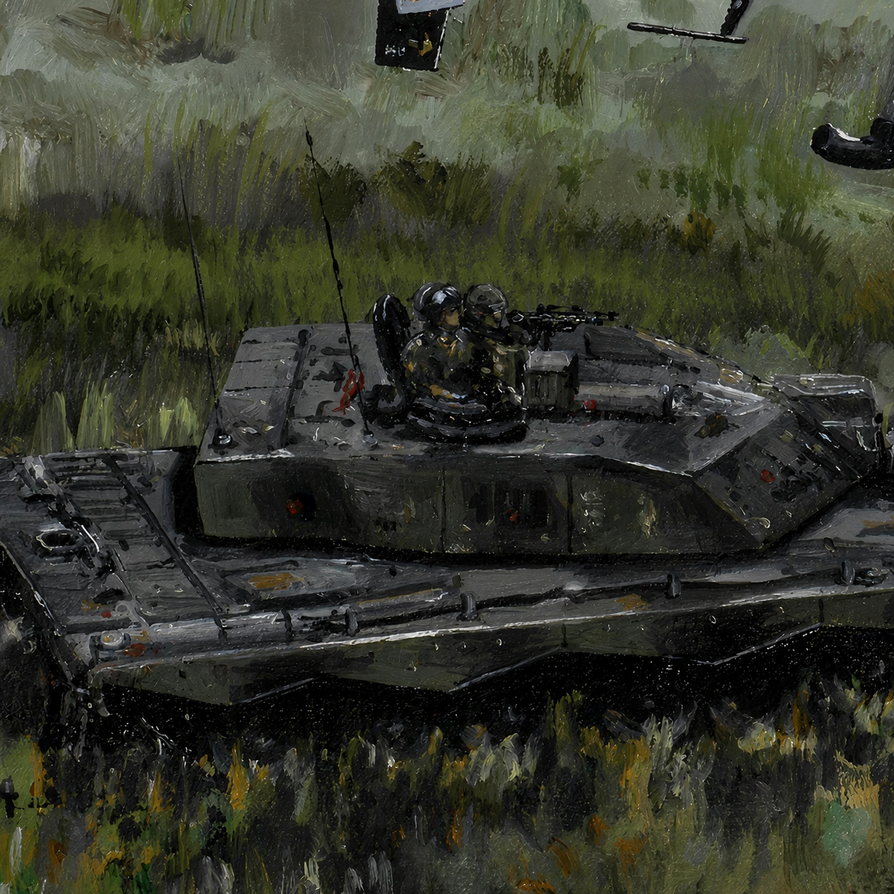 Gazelle Close Up 3 - Jet Art Gallery A dark armored tank with two soldiers visible in the open turret, parked in tall grass and brush on a cloudy day.