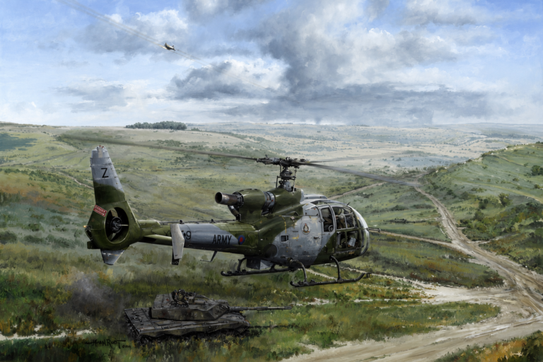 Military helicopter hovering over a grassy field with a tank nearby and a second helicopter in the sky; wartime scene in countryside.