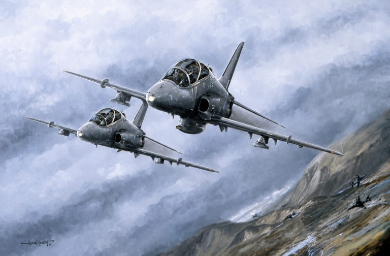 Two WWII-era fighter jets fly in formation over a rocky mountainside, as soldiers crawl along the slope below.