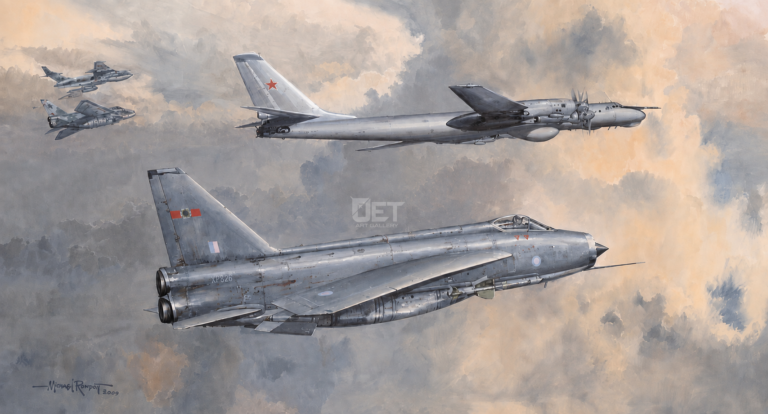 Steel-gray WWII–era jets in formation over a cloudy sky; a large bomber with a red star on its tail leads the group in the distance.