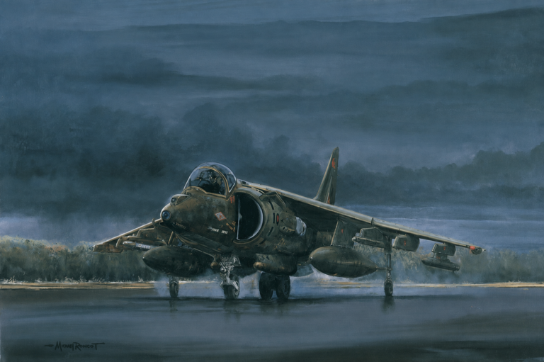 Oil painting of a military fighter jet on a rain-wet runway at dusk, with dark stormy skies in the background, cockpit canopy open and landing gear down.
