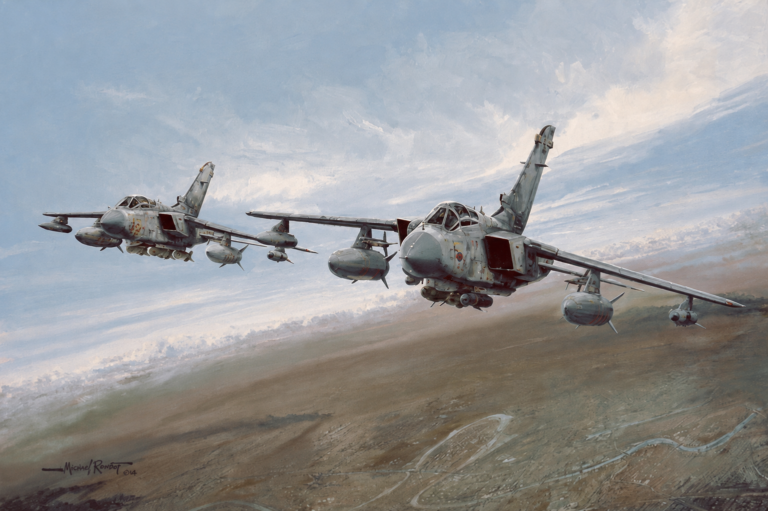 Two military aircraft in tight formation flying over a barren landscape with missiles under the wings.