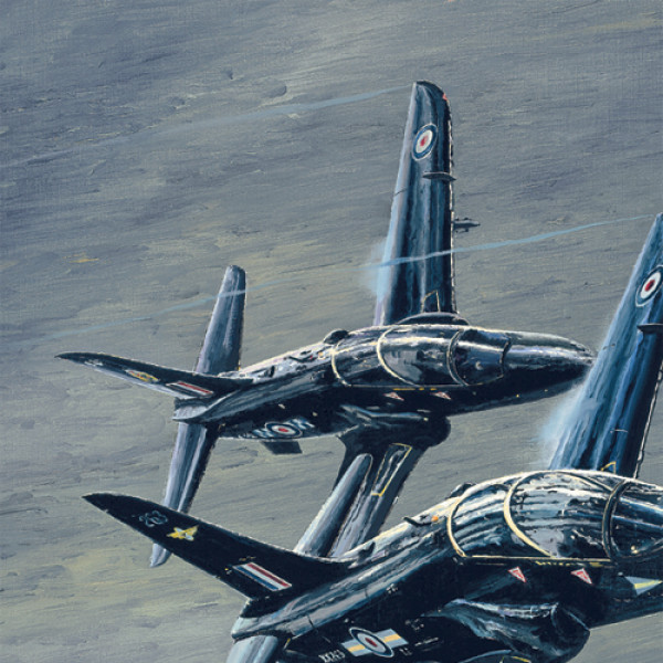 Rock and Roll Close Up 2 - Jet Art Gallery Two dark blue military fighter jets in formation flying through a cloudy sky; RAF roundels visible on the aircrafts' wings and fuselage.