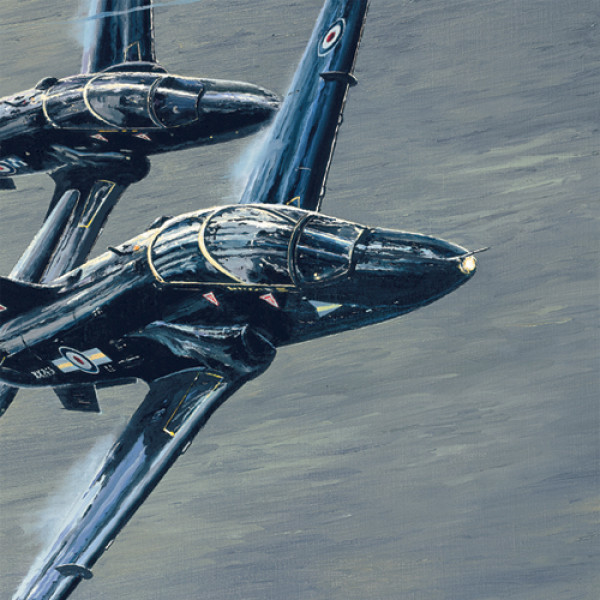 Rock and Roll Close Up 3 - Jet Art Gallery Two dark blue military jets in close formation flying through a cloudy sky, smoke trailing from the wings.