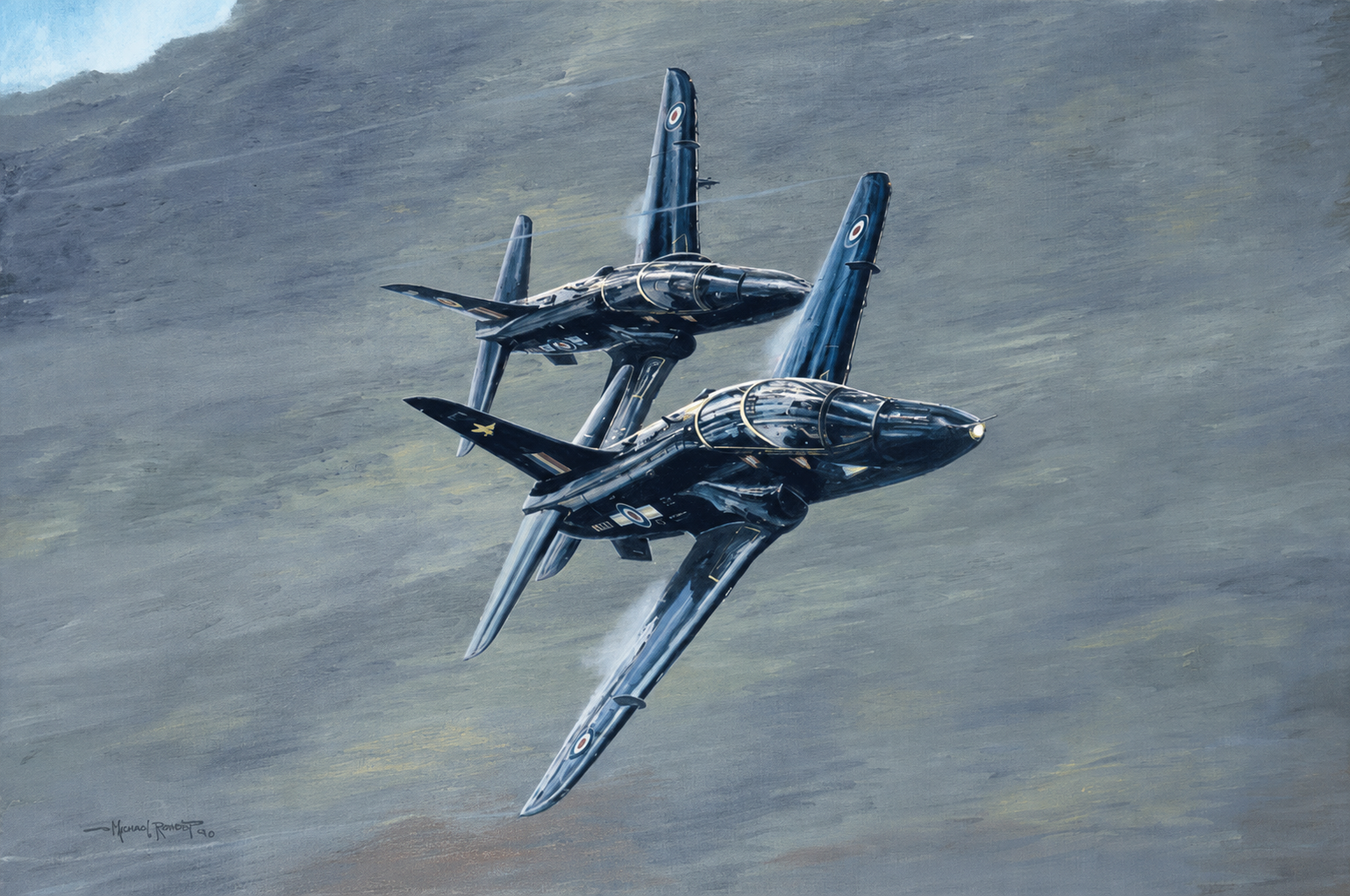 Rrock and Roll by Michael Rondot - Jet Art Gallery Two dark-blue RAF jet fighters in a tight formation flying through a cloudy sky, in a painterly style.