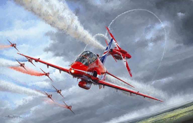 Red RAF aerobatic planes fly in a tight formation, leaving colored smoke trails in a dramatic sky above a green landscape.
