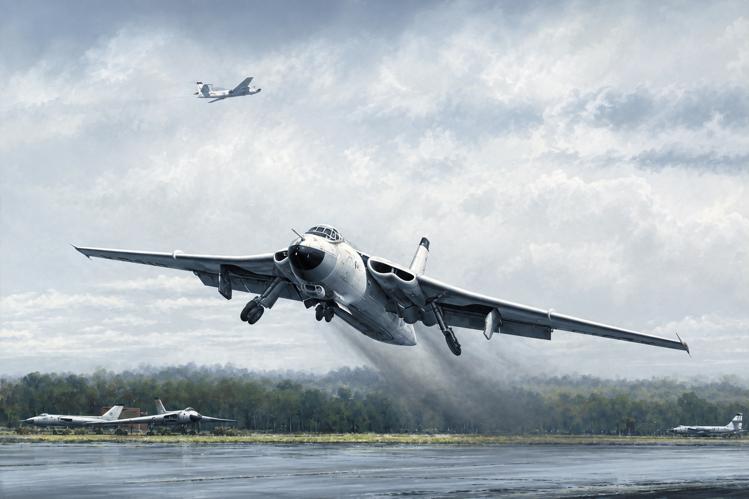 Valiant by Michael Rondot - Jet Art Gallery A large military bomber lifting off the runway as other planes sit on the airfield with trees in the background.