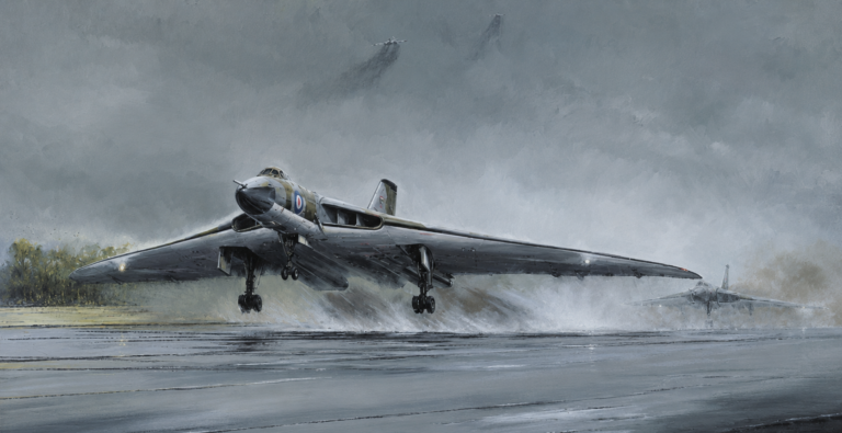 British bomber with roundel lands on a rain-soaked runway in a moody, stormy sky; spray rises from the wheels, with a second plane visible in the distance.