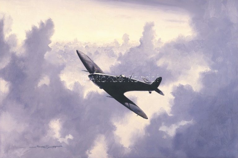 A limited edition aviation print by Michael Rondot showing a Supermarine Spitfire flying through clouds at sunset.