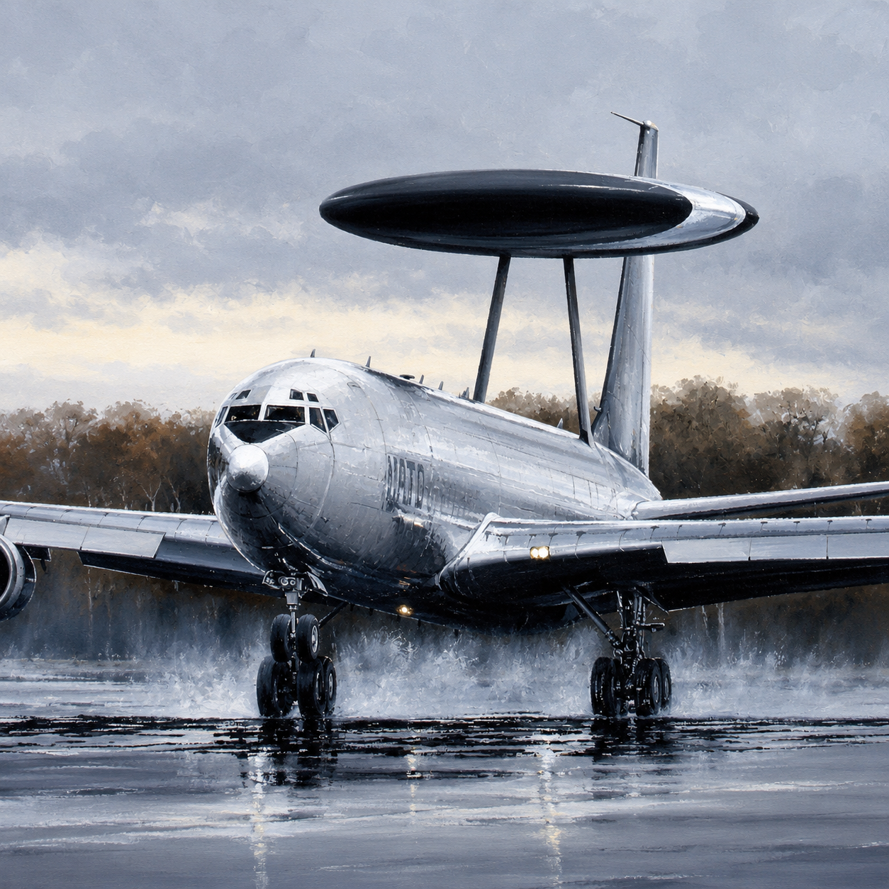 Boeing E3-A Sentry Close Up 2 - Jet Art Gallery Silver military aircraft with a large circular radar dome above the fuselage on a wet runway
