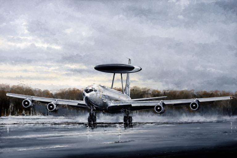 Four-engine military aircraft with a large circular radar dome above the fuselage, taxiing on a wet runway.