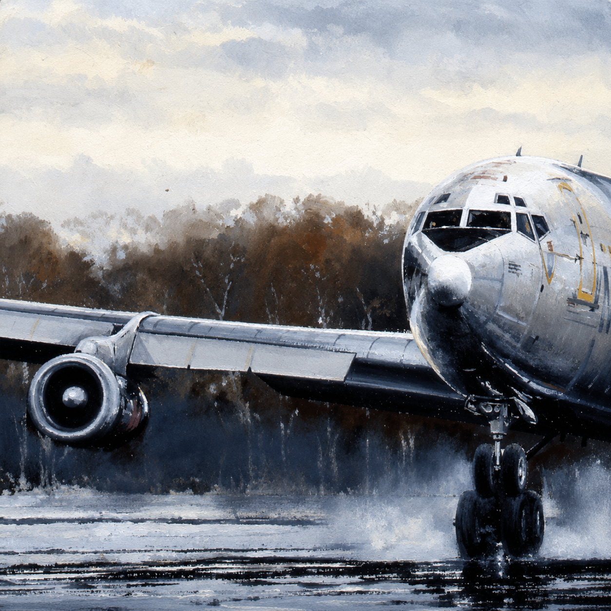 Boeing E3-A Sentry Close Up 3 - Jet Art Gallery Front view of a silver passenger jet landing on a wet runway, with spray rising from the tires.