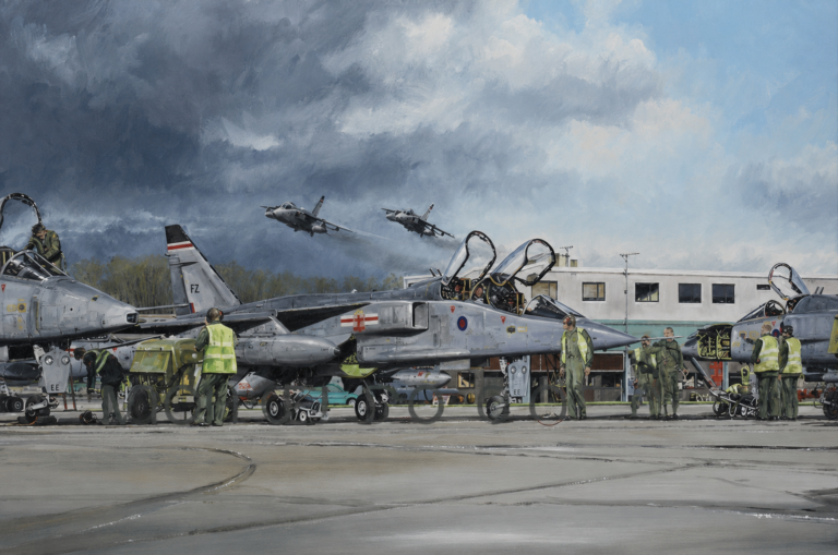 Ground crew in high-visibility vests service two gray fighter jets on a tarmac, with two jets taking off in a cloudy sky.