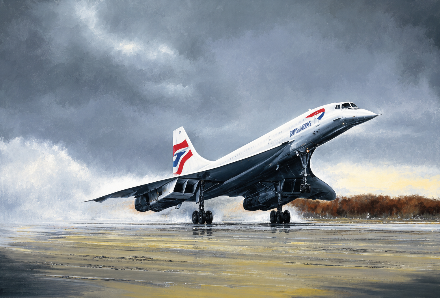 Concorde Farewell by Michael Rondot - Jet Art Gallery British Airways Concorde lifting off the runway under a dramatic cloudy sky on a wet tarmac.