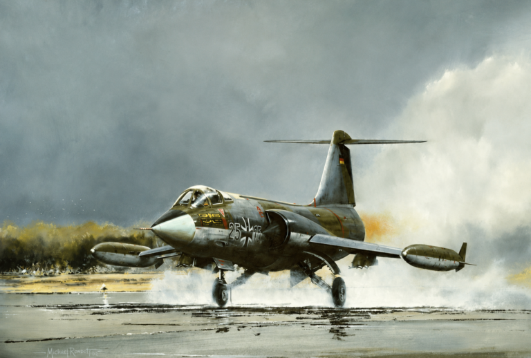WWII-era military jet landing on a wet runway with spray and stormy skies, gray camouflaged fuselage and markings visible on the side.