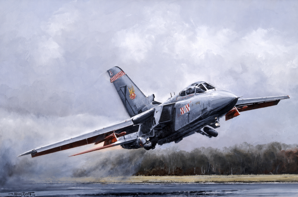 Fighter jet lifting off from a runway under a cloudy sky, gray aircraft with red markings on the fuselage and tail insignia visible.