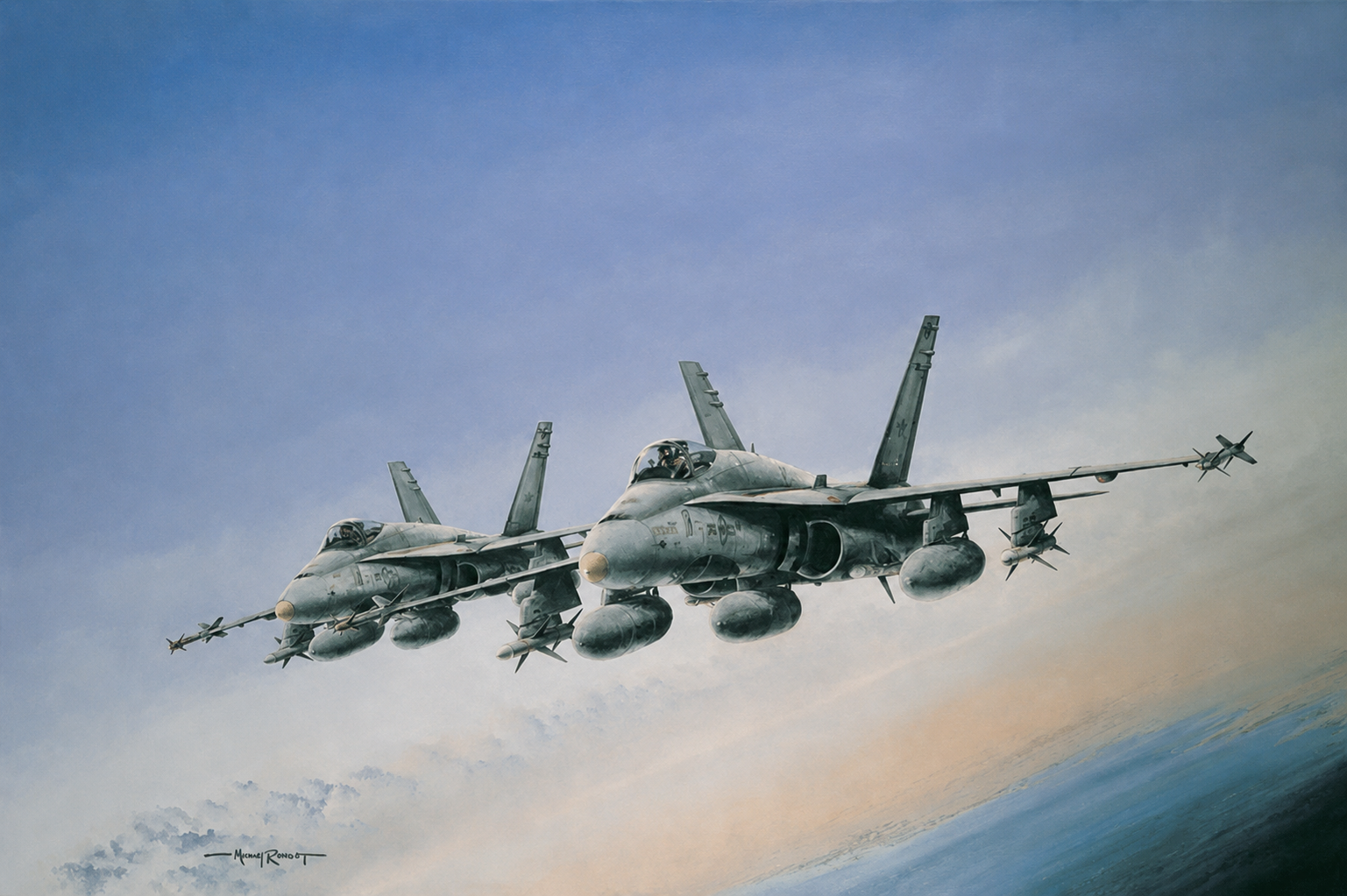 Hornet the Hunter by Michael Rondot - Jet Art Gallery Two gray fighter jets fly in tight formation over the ocean in a painting, with missiles mounted under their wings and a blue sky above.
