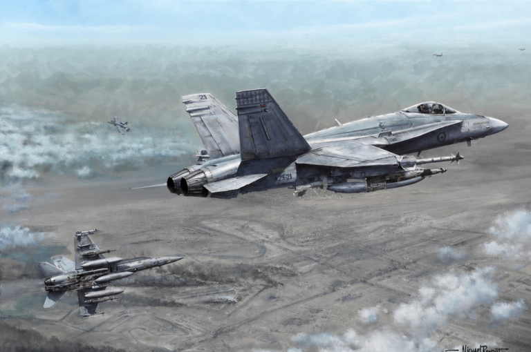 Two F-14 Tomcat fighter jets in formation over a desert, with smoke trails and distant aircraft visible in the background.