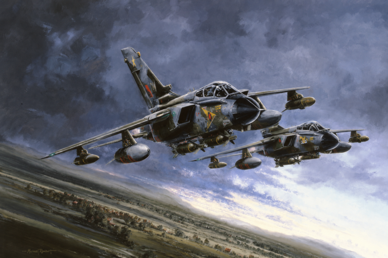 Two military jets in a tight formation flying low over a rural landscape with a cloudy sky above.