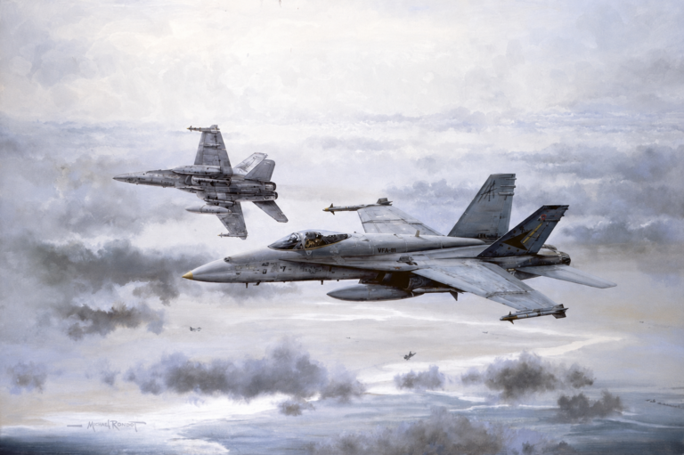 Two gray F-14 Tomcat fighter jets in formation above a cloudy sky and ocean.