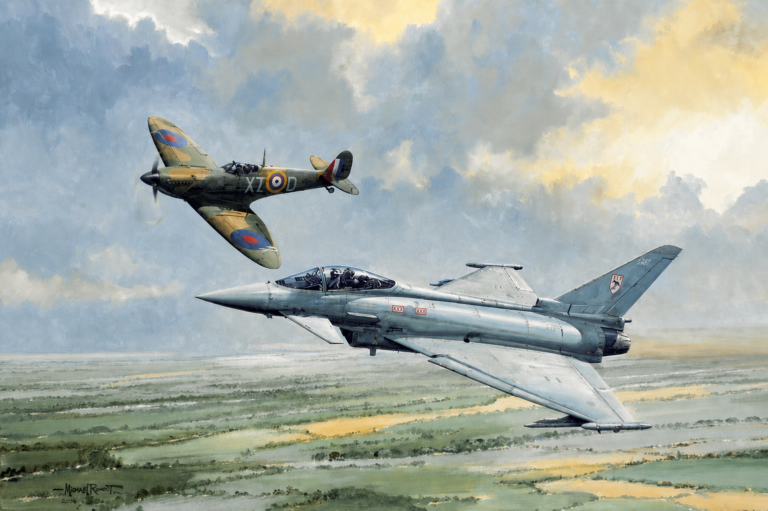Artwork of a World War II Spitfire beside a silver jet fighter in a dramatic sky over a rural landscape.