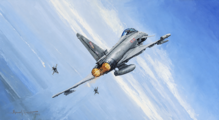 Gray F-4 Phantom II fighter jet with afterburners glowing orange, pursuing two smaller jets against a blue sky in a painted illustration, dynamic action scene.
