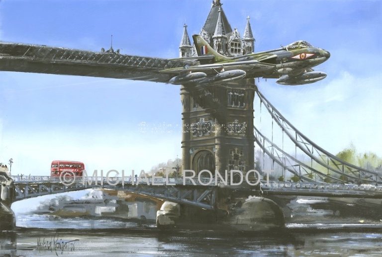 A limited edition aviation print by Michael Rondot showing an RAF Hawker Hunter flying between the upper and lower walkways of Tower Bridge.