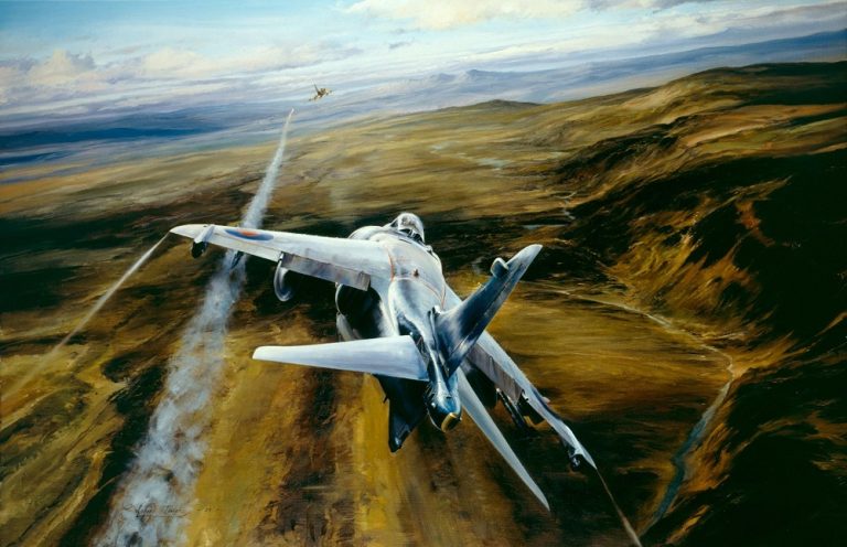 A dramatic limited edition print by Robert Taylor showing a Sea Harrier closing in for a kill on an Argentinian Mirage V Dagger over the Falkland Islands.