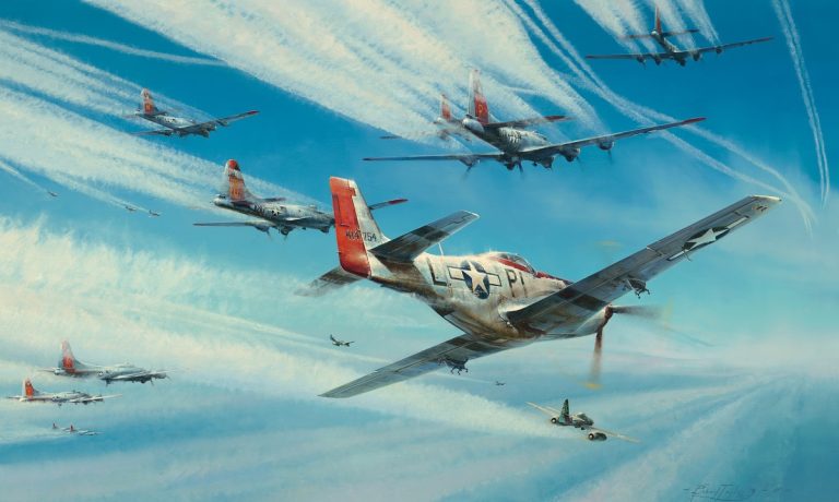 A dramatic limited edition print titled Jet Hunters, depicting pilot Wayne Gatlin in a P-51 Mustang of the 356th Fighter Group diving to attack a Messerschmitt Me 262 jet fighter during a B-17 bomber escort mission.