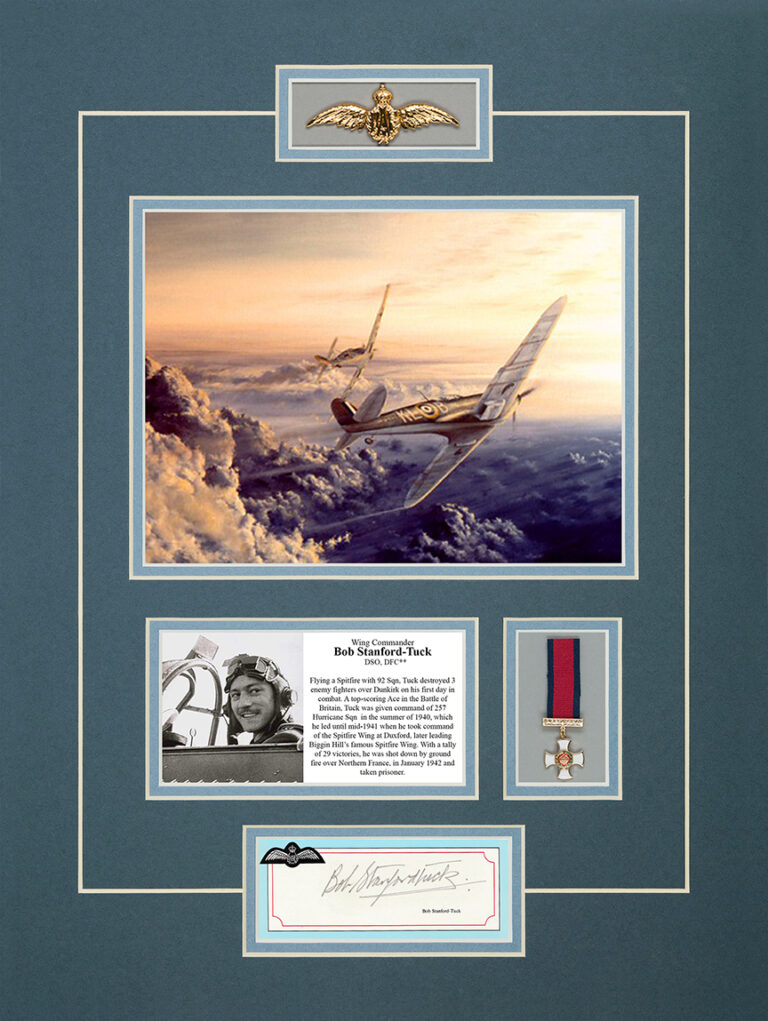 A historic photograph and signature card from the Signature Collection featuring the debonair RAF ace Bob Stanford-Tuck leaning against his Spitfire.