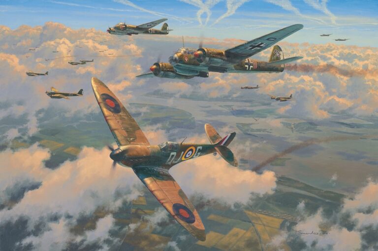 A dramatic limited edition print showing Pilot Officer Geoffrey Wellum's Spitfire banking away from a destroyed Ju 88 bomber over the Medway Estuary.