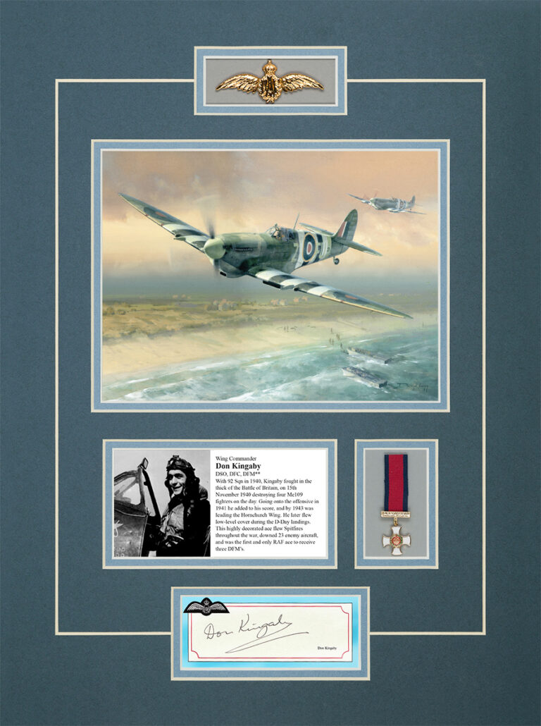 A historic photograph and signature card from the Signature Collection featuring RAF ace Don Kingaby and his Supermarine Spitfire.