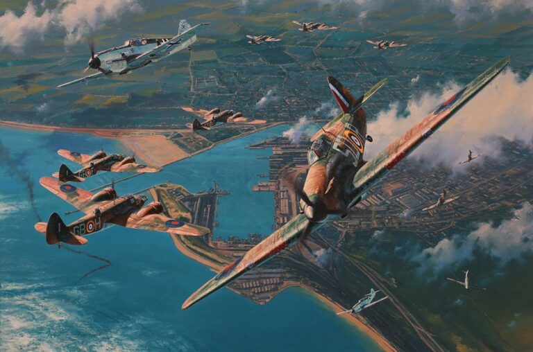 A dramatic limited edition print showing 501 Squadron Hurricanes engaging Me 109s while escorting Blenheim bombers over the French coast.