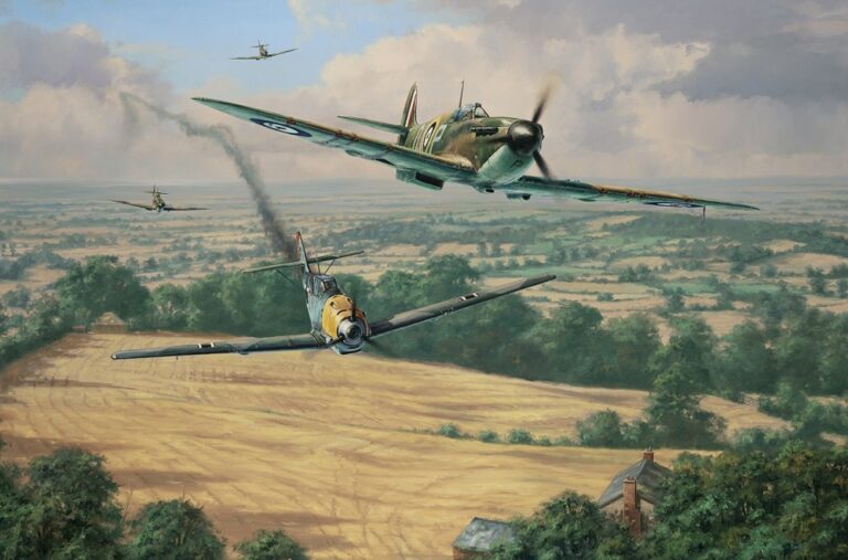 A classic limited edition print of a Supermarine Spitfire in a dog fight with an ME 109 in the High Summer of 1940.