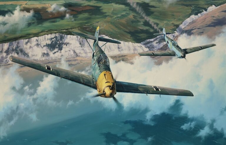A dramatic limited edition print showing Adolf Galland's Messerschmitt Bf 109 escorting a damaged fighter trailing smoke over the English Channel.