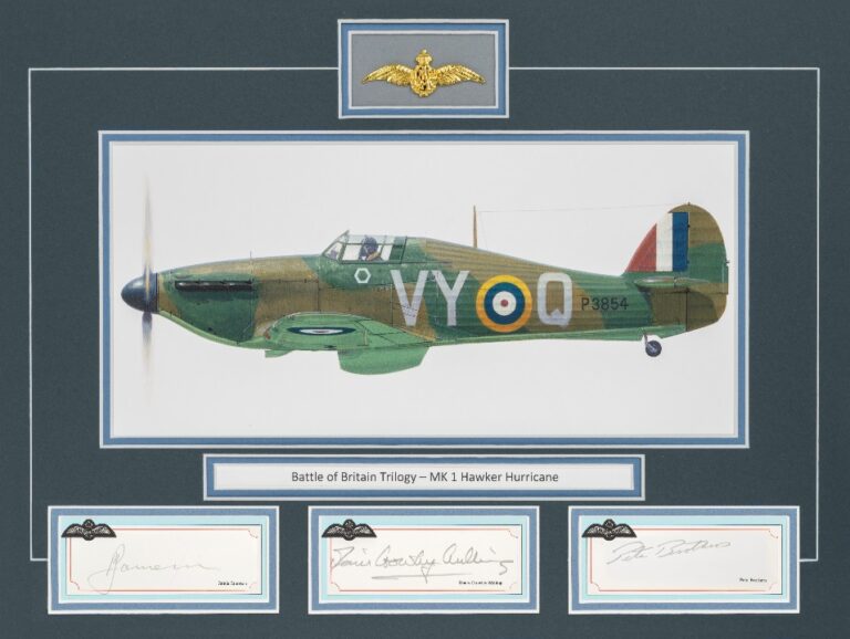 A commemorative aviation art ensemble from the Signatures Collection featuring a Hawker Hurricane Mk I and the original signatures of three RAF Battle of Britain pilots.