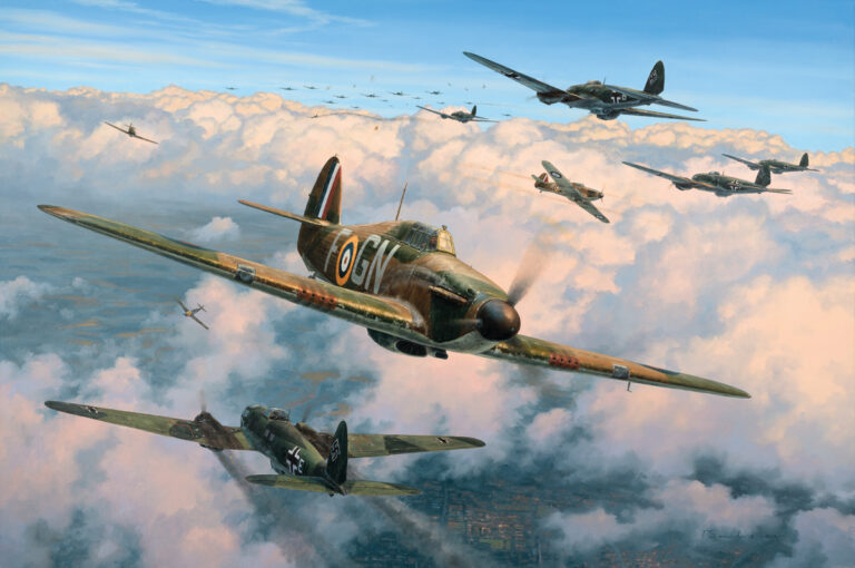 A dramatic limited edition print showing Flight Lieutenant Tom Neil's Hawker Hurricane diving head-on into a formation of German Heinkel bombers.