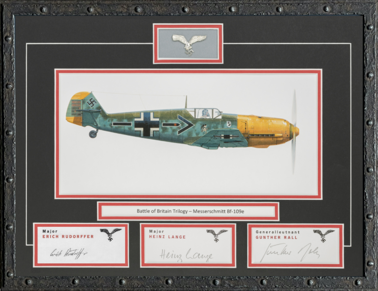 A commemorative aviation art ensemble from the Signatures Collection featuring a Messerschmitt Bf 109 E and the original signatures of three Luftwaffe aces.