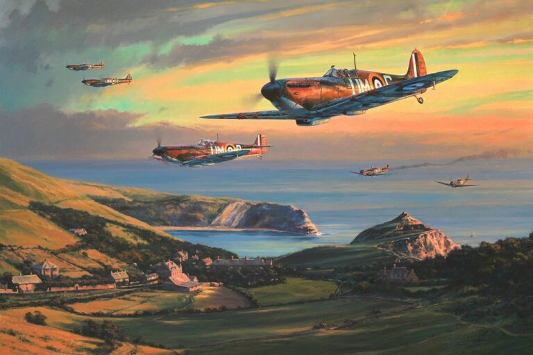 A dramatic limited edition print showing 152 Squadron Spitfires flying low over Lulworth Cove as they return to base during the Battle of Britain.