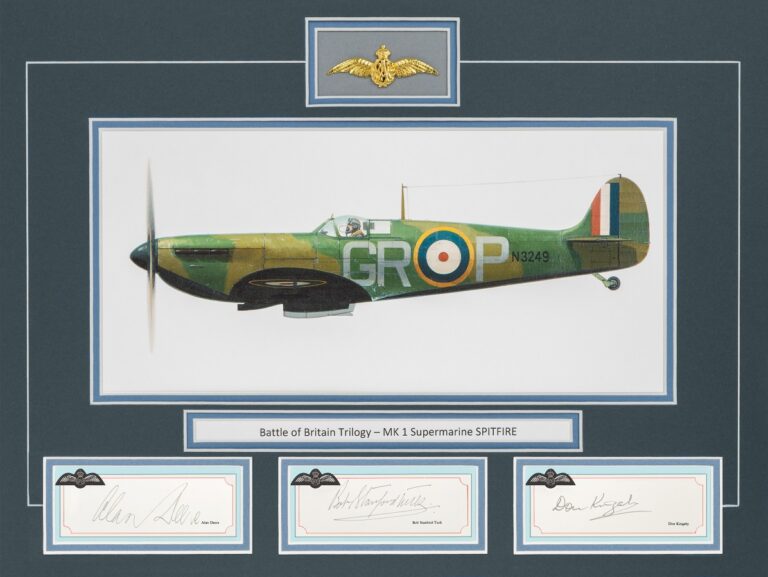 A commemorative aviation art ensemble from the Signatures Collection featuring a Supermarine Spitfire Mk I and the original signatures of three RAF Battle of Britain aces.