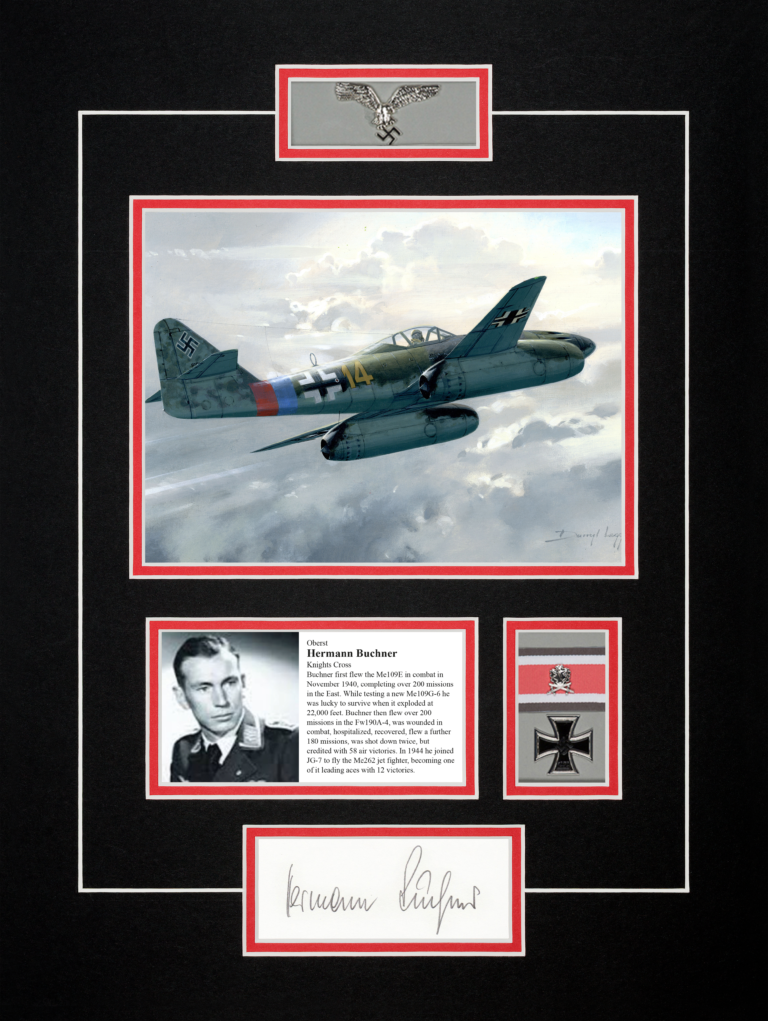 A historic photograph and signature presentation featuring Luftwaffe jet ace Hermann Buchner flying an ME 262.